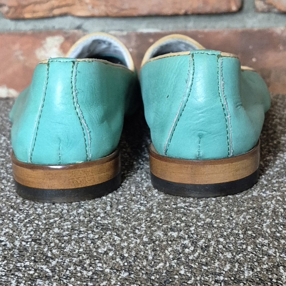 Italian Turquoise Leather Smoking Flats EU 37 Artisan Loafers Coastal Chic - Picture 7 of 13